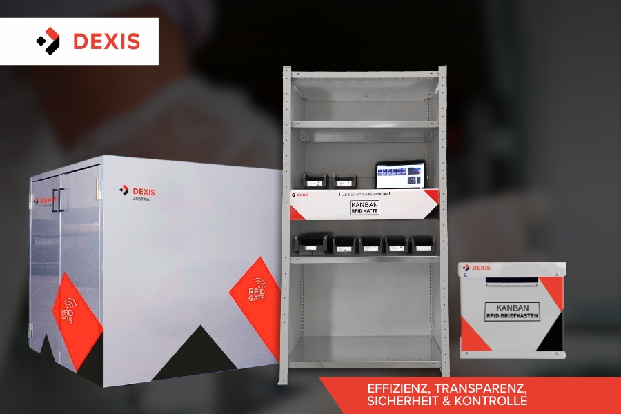 RFID Gate: sieht etwas aus wie ein großer Schrank. RFID Regal: offenes Regalen mit Behältern und einem kompakten Bildschirm. RFID Briefkasten: eine kleine Box mit Briefkastenschlitz. Alles im DEXIS Design. Auf der Textüberlagerung steht „Effizienz, Transparenz, Sicherheit & Kontrolle“. DEXIS Logo in der oberen linken Ecke.